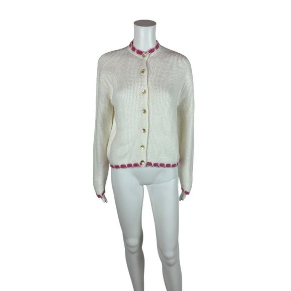 Vintage 60s White Cardigan Women's Extra Large Orlon Acrylic Pink Scalloped Edge - Picture 1 of 8